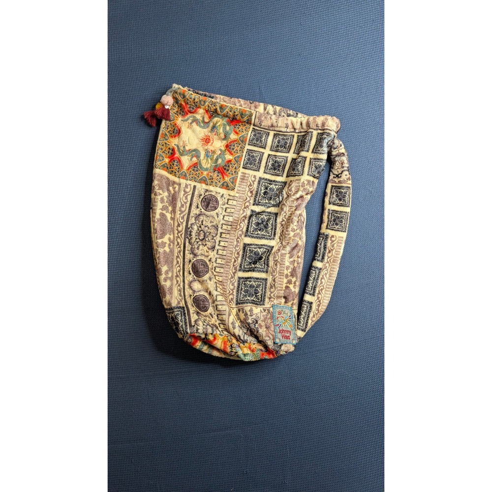 Johnny Was Plush Hobo Blanket Bag Patchwork Boho Drawstring Tassel Reuse as bag